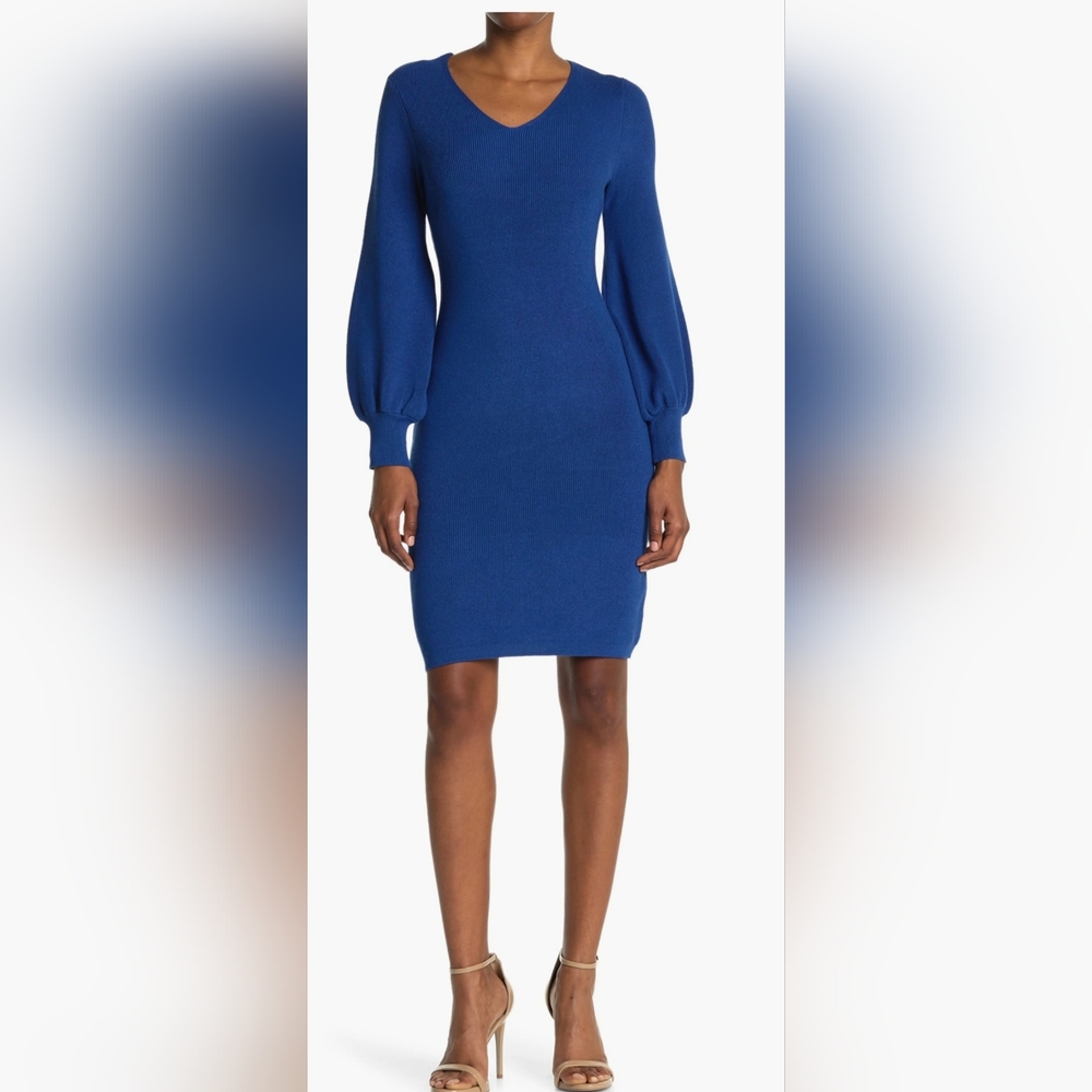 V-Neck Balloon Sleeve Sweater Dress